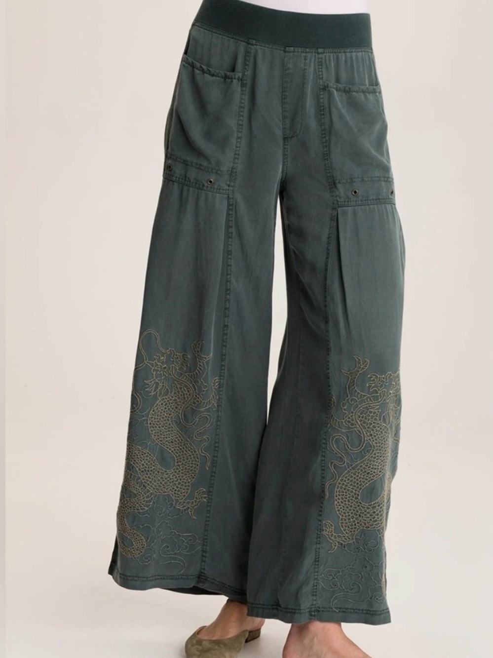 Wide-Leg Dragon Embroidered XCVI Pants - Teal/Olive Green